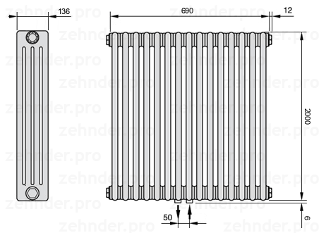Схема (чертеж) Радиатор Zehnder Charleston 4200/15 №5410 Белый глянцевый RAL 9016